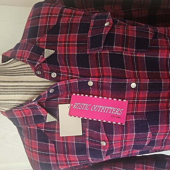 RUSTIC OUTFITERS Women Red Plaid Flanner Western Snap closure Cotton Shirt SizeL - Picture 3 of 14